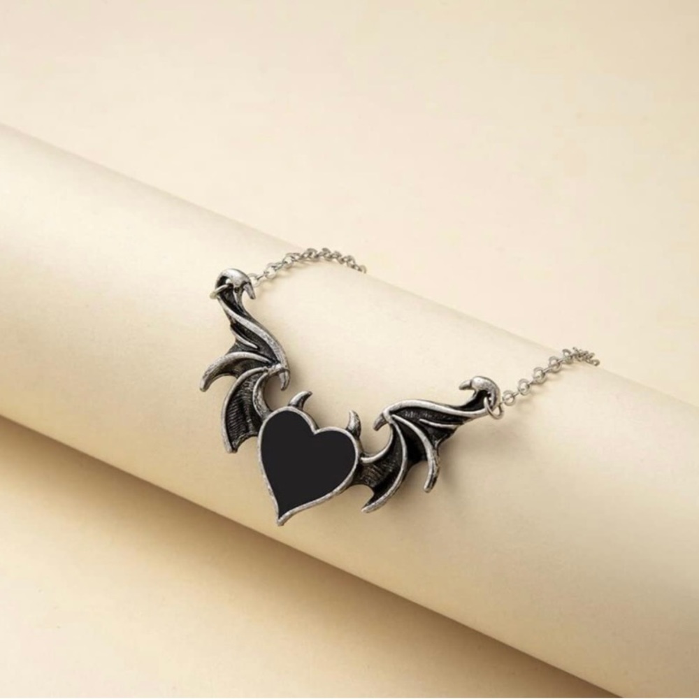 Gothic Black Heart With Bat Wings Necklace